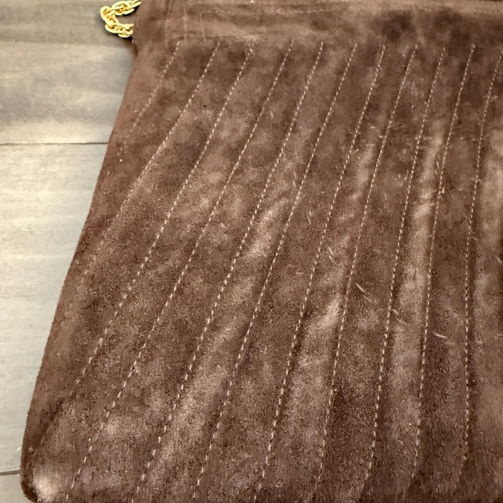 1960 1970 Vintage Brown Suede Pleated Fabric Clutch Handbag Gold Chain Purse - Picture 2 of 12